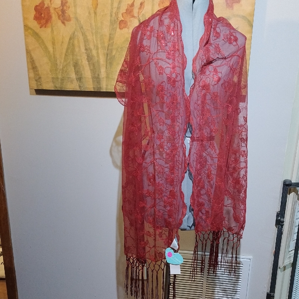 Red Lace Shawl with Fringe - Picture 1 of 6